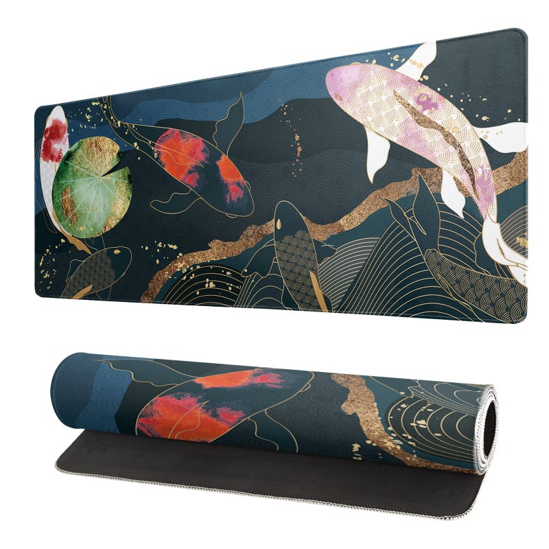 Brecoy Japanese Gaming Mouse Pad XL - Extended Large Mouse Mat Desk Pad  Stitched Edges Mousepad  3mm Thick Long Non-Slip Rubber Base Mice Pad  31.5 X 11.8 Inch - Koi Fish Art - Image 1
